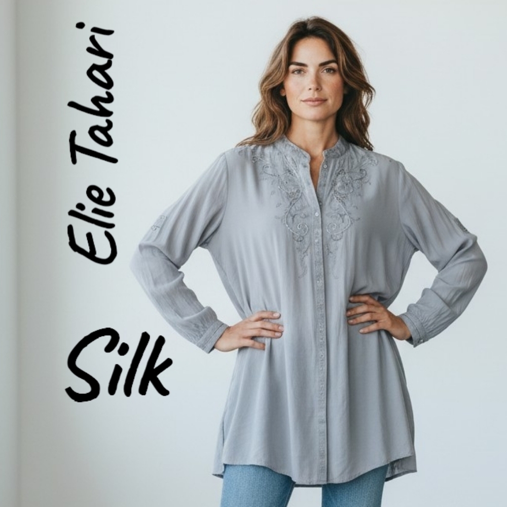 Elie Tahari Light Gray Women's Size Medium Silk Blend Embroidered Silk Blouse